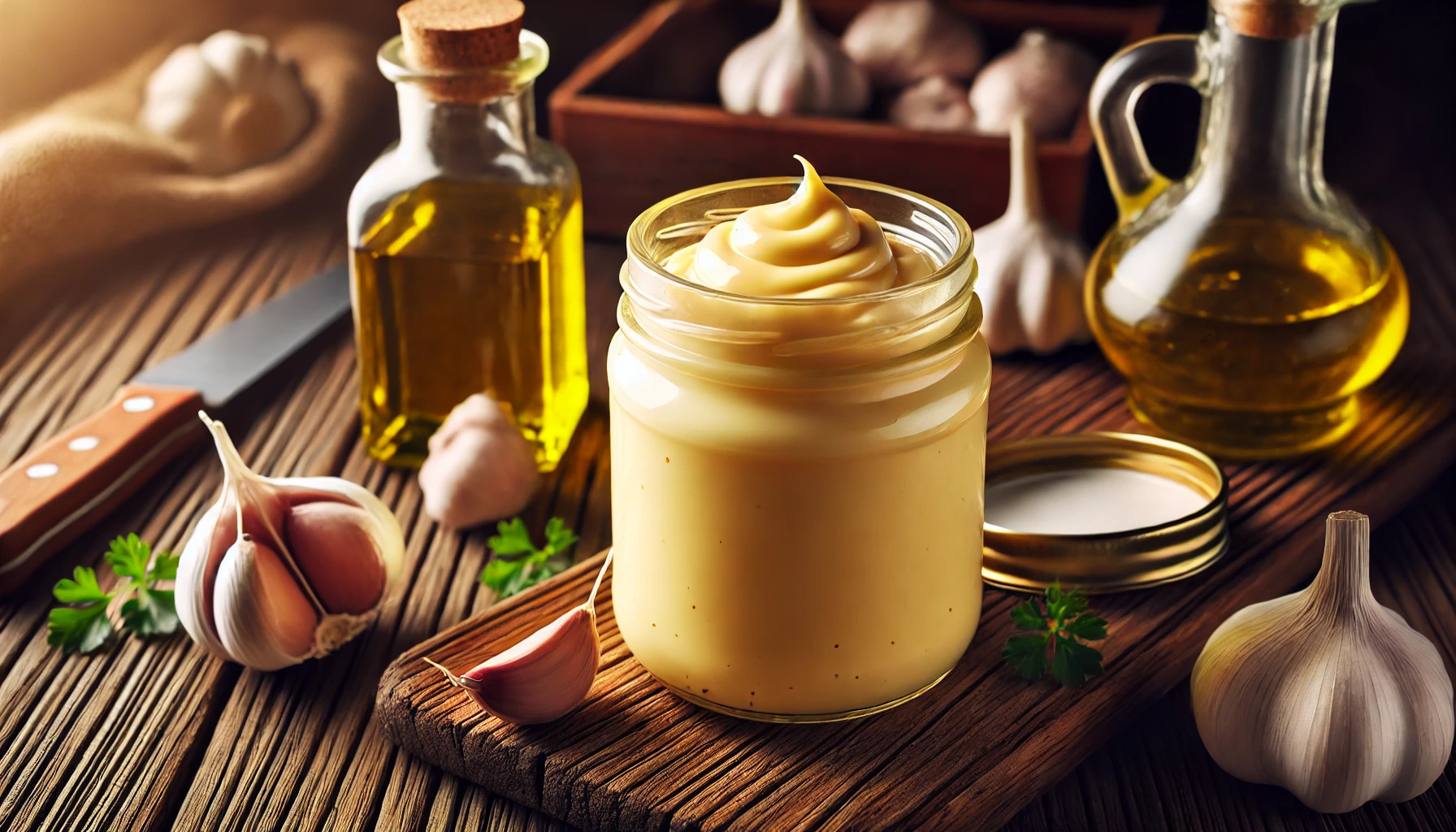 extra virgin olive oil, mayo and garlic cloves on a table in a kitchen